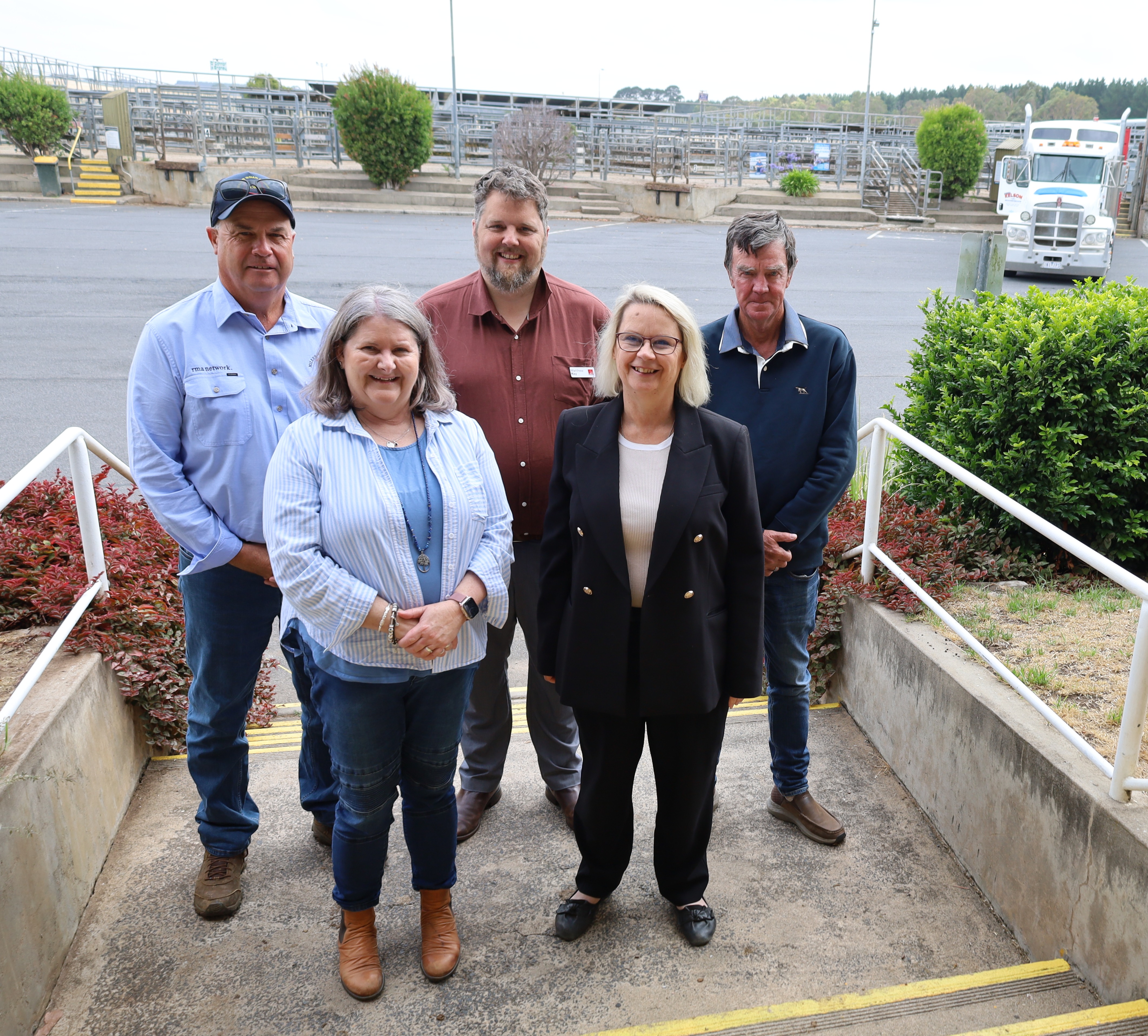 Mayor Kylie Boston with Hon Clare Scriven MLC, Labor Candidate Matthew Kay, Cr Barry Kuhl, and Andrew Whan at the Mount Gambier & Districts Saleyards